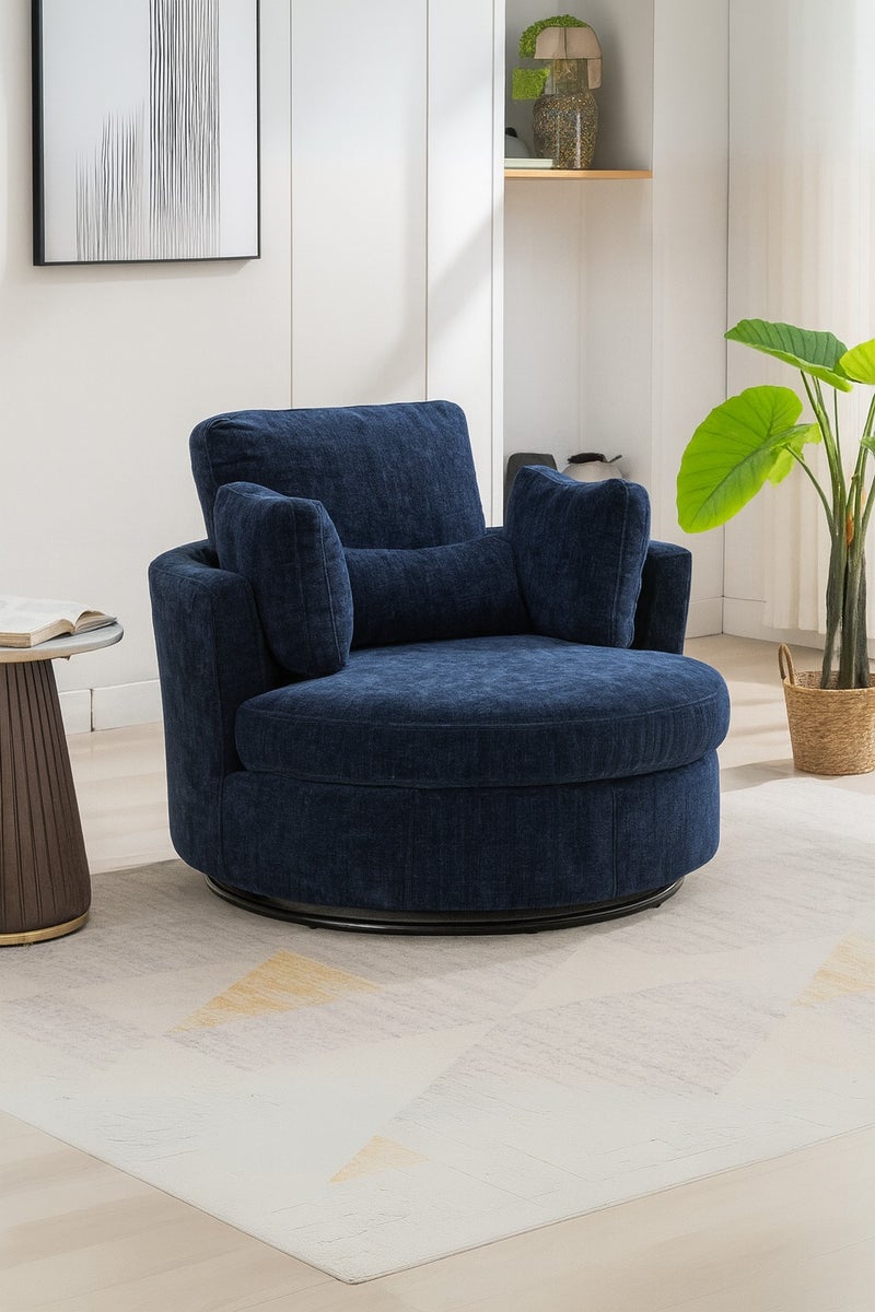 KUSTOMDECO Modern Round 360° Swivel Single Sofa Chair – Fabric Oversize Sofa Accent Armchair with Cushions for Living Room & Bedroom Furniture Blue - Image 2