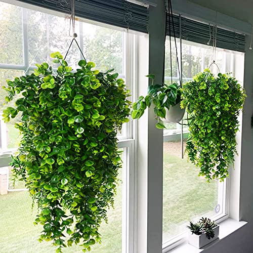 Antspirit 2pcs Artificial Hanging Plants Fake Hanging Plant Faux Eucalyptus Leaf Greenery Vine Outdoor UV Resistant Plastic Plants (2, Green) - Image 2