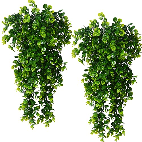 Antspirit 2pcs Artificial Hanging Plants Fake Hanging Plant Faux Eucalyptus Leaf Greenery Vine Outdoor UV Resistant Plastic Plants (2, Green) - Image 1