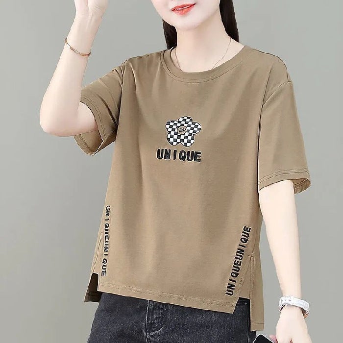 Factory wholesale special spike summer New irregular printing short sleeve t-shirt womens front short back long T-shirt top Khaki [Flowers]] - Image 1