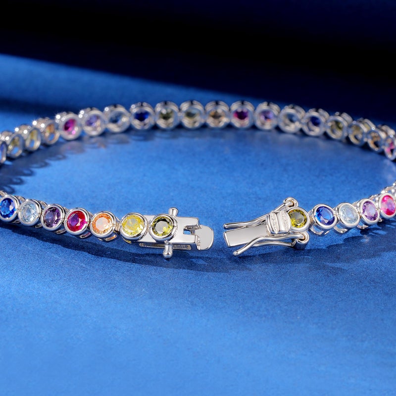 Gemsme 3.0mm Colorful Tennis Link Bracelet, 18K White Gold Plated Bezel-Set 3MM Cubic Zirconia Rainbow Tennis Bracelet for Women - Image 4