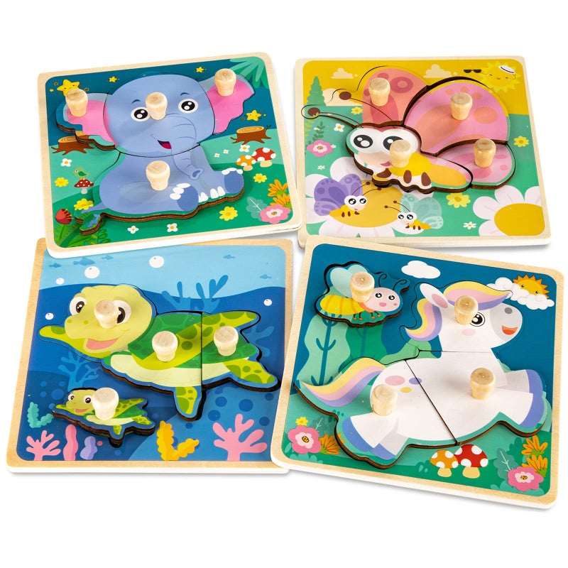 Funsland Eco Friendly Animal Puzzles 4 Pcs Jigsaw with Handles Infant Kid Montessori Puzzles for 13 Years Old - Image 2