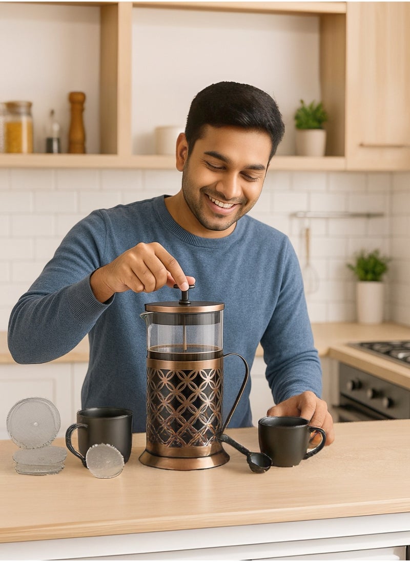 UPSCALE Large(600ml)Coffee French Press Plunger Brewer Pot 4 Part Filtration Metallic body Borosilicate glass with 2 Extra spare filter and 1 coffee spoon Antique Copper  - Image 2