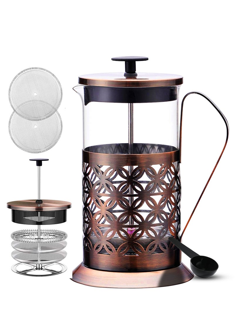 UPSCALE Large(600ml)Coffee French Press Plunger Brewer Pot 4 Part Filtration Metallic body Borosilicate glass with 2 Extra spare filter and 1 coffee spoon Antique Copper  - Image 1