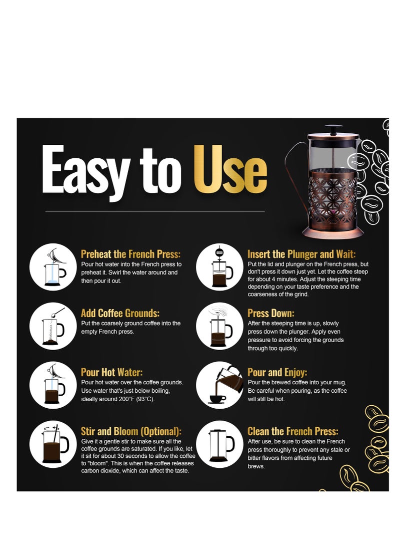 UPSCALE Large(600ml)Coffee French Press Plunger Brewer Pot 4 Part Filtration Metallic body Borosilicate glass with 2 Extra spare filter and 1 coffee spoon Antique Copper  - Image 2
