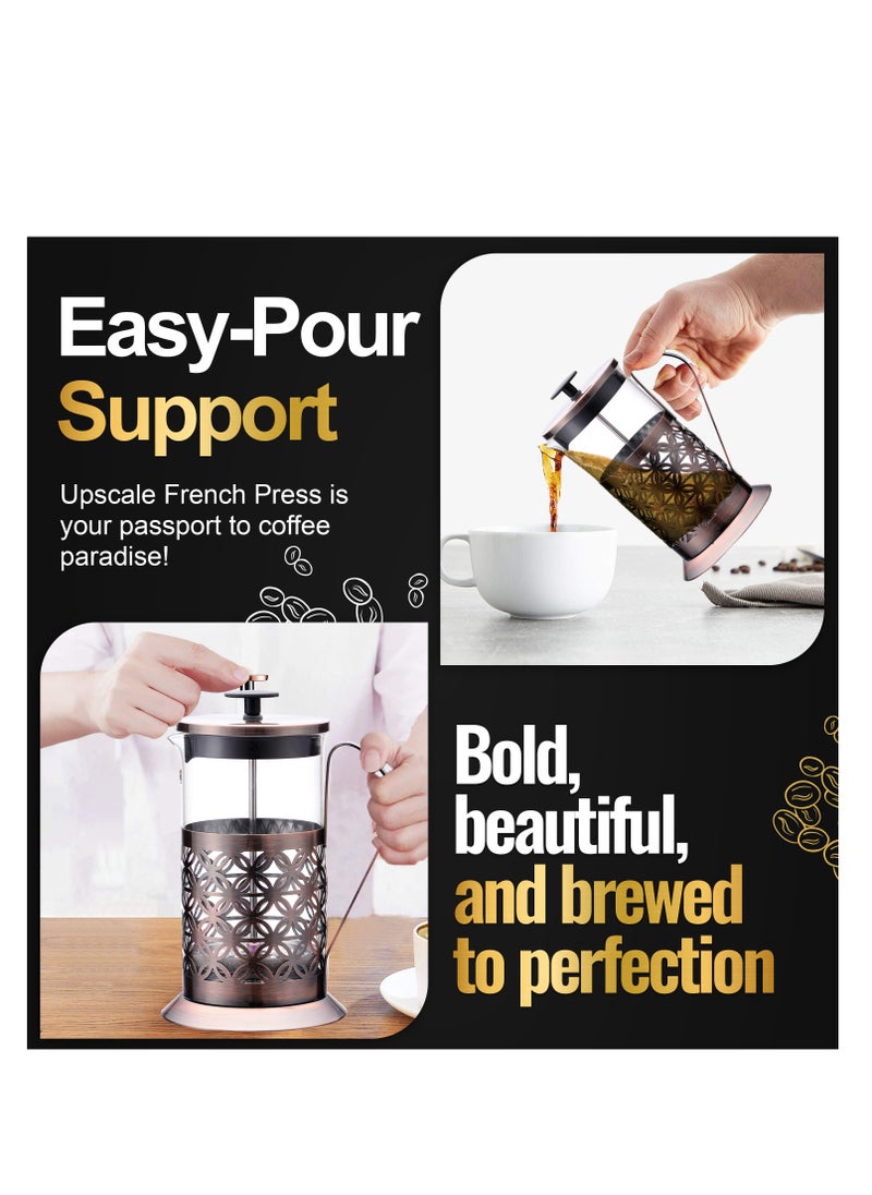 UPSCALE Large(600ml)Coffee French Press Plunger Brewer Pot 4 Part Filtration Metallic body Borosilicate glass with 2 Extra spare filter and 1 coffee spoon Antique Copper  - Image 3