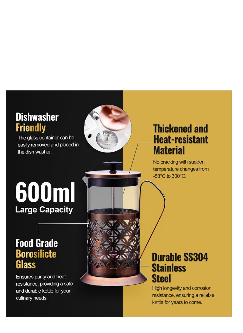 UPSCALE Large(600ml)Coffee French Press Plunger Brewer Pot 4 Part Filtration Metallic body Borosilicate glass with 2 Extra spare filter and 1 coffee spoon Antique Copper  - Image 4
