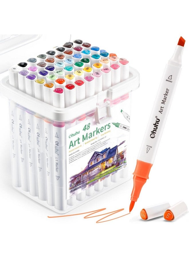 Ohuhu Alcohol Markers Double Tipped Alcohol-Based Art Marker Set For Kids Adults Coloring Illustration Great Value Pack For Students' Art Class,Better Designed Grip(New 48 Colours,Brush & Chisel),Multicolour - Image 1