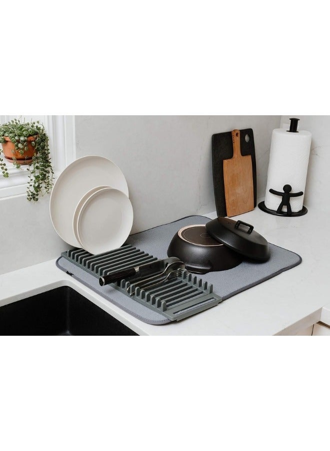 هابي هوم سجادة تجفيف الأطباق من الألياف الدقيقة وحامل مع مصفاة أطباق مصنوعة من البلاستيك عالي الجودة - تصميم خفيف الوزن وموفر للمساحة ويمكن طيه للتخزين السهل، قياسي - رمادى - Image 4