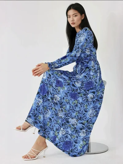HICCUP Floral Print Long Sleeve Maxi Dress with Belt