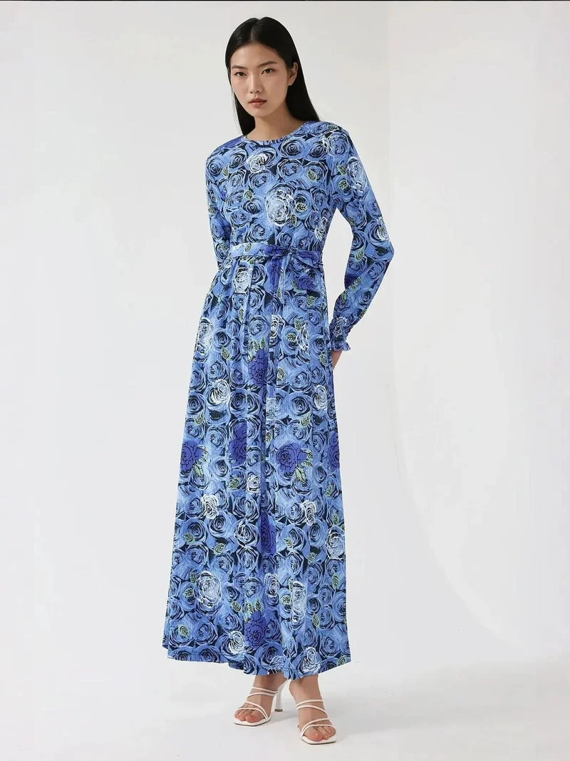HICCUP Floral Print Long Sleeve Maxi Dress with Belt