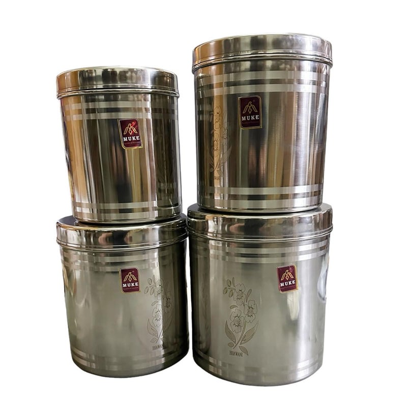 MUKE Stainless Steel Lazer Design Dibba Kitchen Container Set - Food Grade Steel Storage Container (2.5kg to 5kg, 4pcs) - Image 1