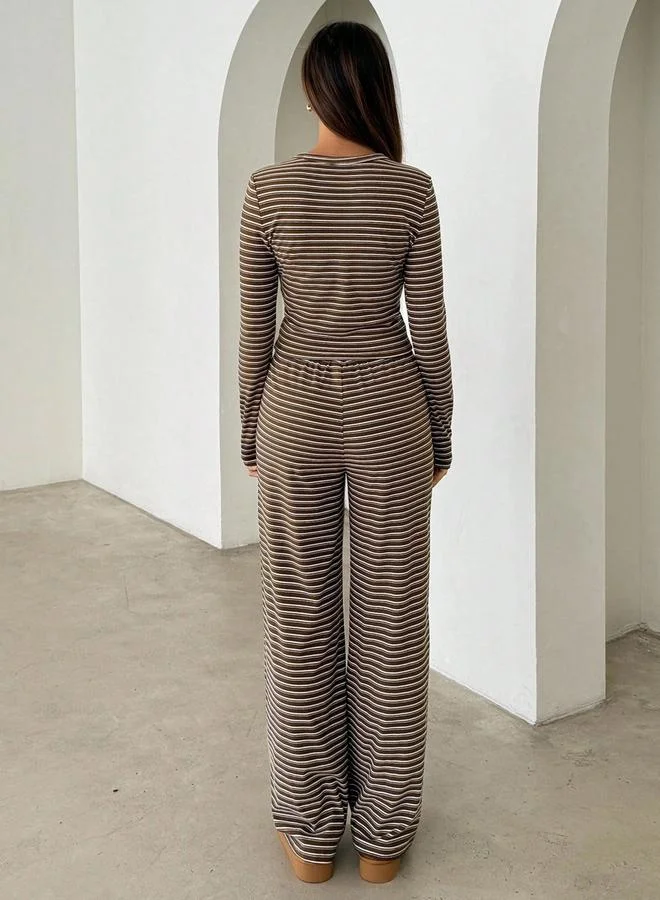Take Two Brown Striped Crop Top and Pants Set