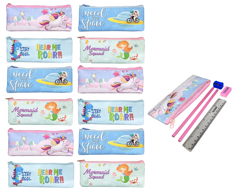 JIADA Set Of 12 Pouch Stationery Pack - Each Pack includes Fancy Pouch, Pencils, Ruler, Eraser and Sharpener. Best Return Gift For Kids - Image 1