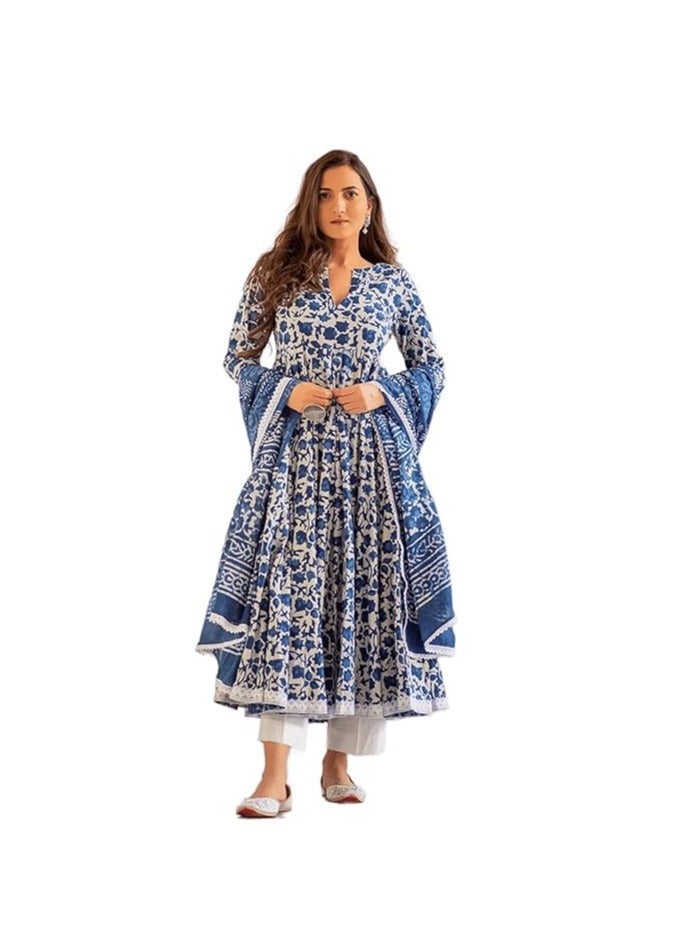 Accessories 22 Women's Cotton Printed Anarkali Kurta with Palazzo & Dupatta Set - Image 1