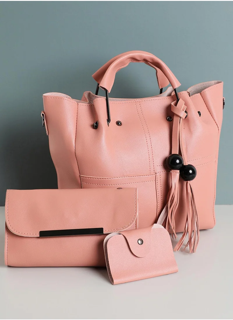 صوص هاوت Pink Solid Vegan Leather Tote Bag Set
