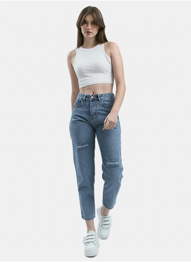 RAVIN Front Ripped Mom-Fit Standard Blue Jeans  - Image 4