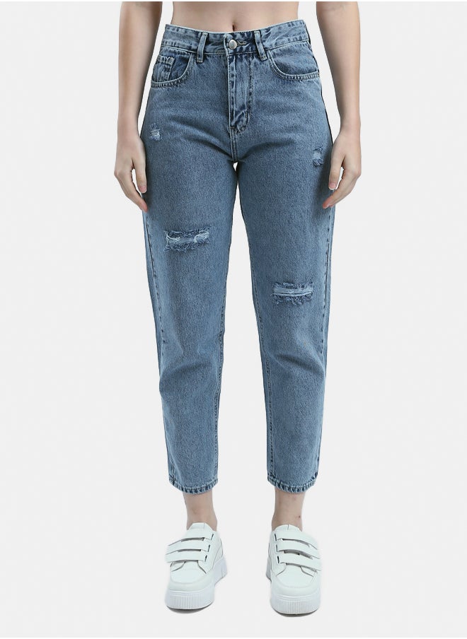 RAVIN Front Ripped Mom-Fit Standard Blue Jeans  - Image 1