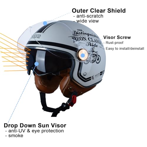 BEON Open Face Motorcycle Helmet for Adults, DOT Approved,3/4 Retro Vespa Helmet, Dual Visors Men's and Women's Motorbike Casco for Moped Cruiser Bobber and Chopper(M,BCR Glossy White ) - Image 3