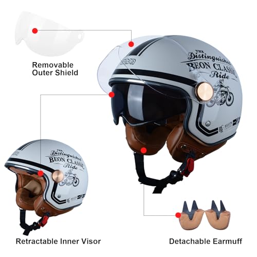 BEON Open Face Motorcycle Helmet for Adults, DOT Approved,3/4 Retro Vespa Helmet, Dual Visors Men's and Women's Motorbike Casco for Moped Cruiser Bobber and Chopper(M,BCR Glossy White ) - Image 5