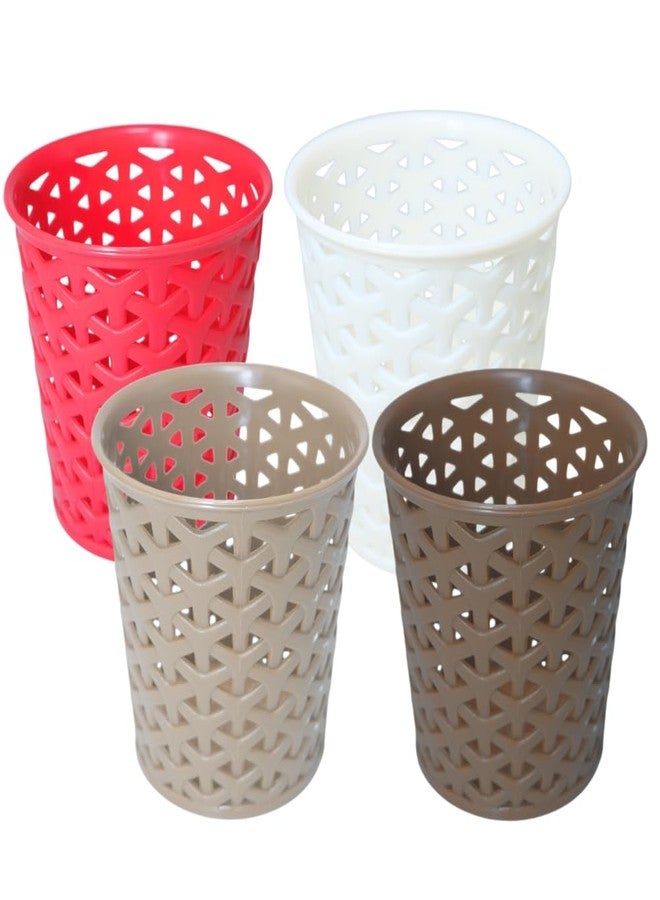 MORVI Linea Small Round Plastic Multipurpose Organizer For Kitchen, Bathroom, Salon, Office|Stationery,Cutlery,Pen,Makeup Brushes Holder|Hanging Toothbrush Stand |Pack Of 4 | RED WHITE COFFEE BROWN - Image 1
