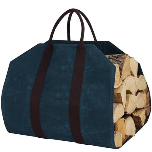 MYFIREPLACEDIRECT MYFIREPLACEDIRECT Sturdy Waxed Canvas Firewood Log Carrier Durable Firepalce Wood Bag with Reinforce Duty Straps BlueGreen 