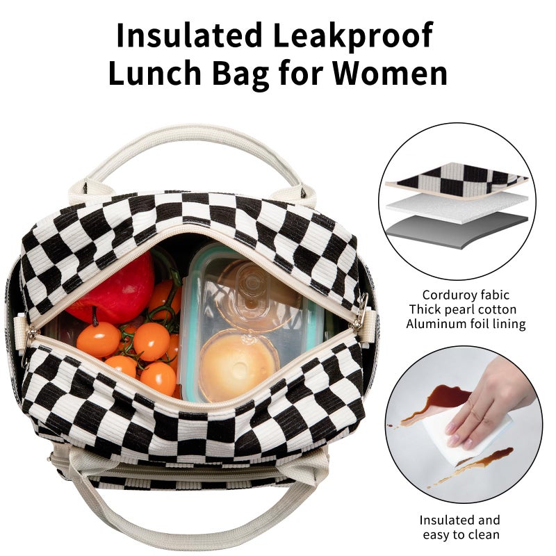 OYLOLA Lunch Bag Women Lunch Box for Women Adult Cute Insulated Lunch Bag Lager Cooler Lunch Tote Bags for Work Picnic (Black-White Plaid) - Image 5