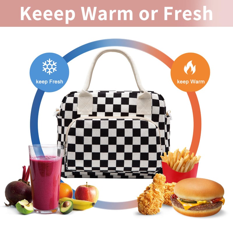 OYLOLA Lunch Bag Women Lunch Box for Women Adult Cute Insulated Lunch Bag Lager Cooler Lunch Tote Bags for Work Picnic (Black-White Plaid) - Image 4