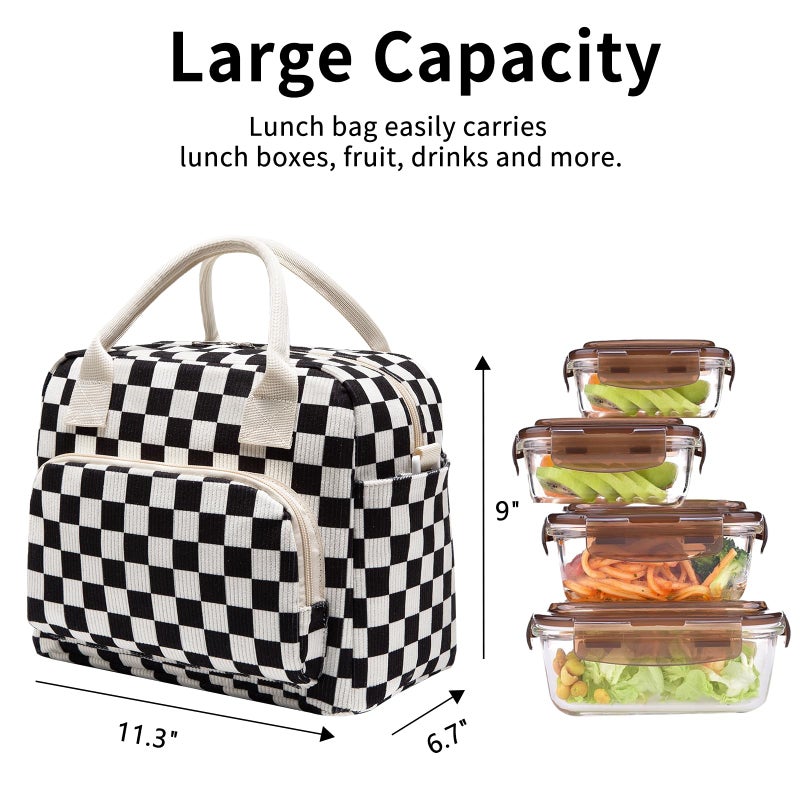 OYLOLA Lunch Bag Women Lunch Box for Women Adult Cute Insulated Lunch Bag Lager Cooler Lunch Tote Bags for Work Picnic (Black-White Plaid) - Image 3