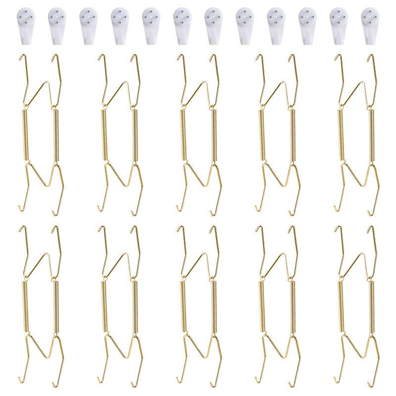 Fasunry 10Piece Brass Plate Wall Hangers 6 Inch Invisible Decorative Plate Holders Comes with 12Piece Wall Hooks