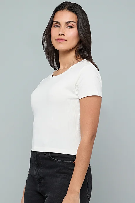 R&B Ribbed Top with Round Neck and Short Sleeves