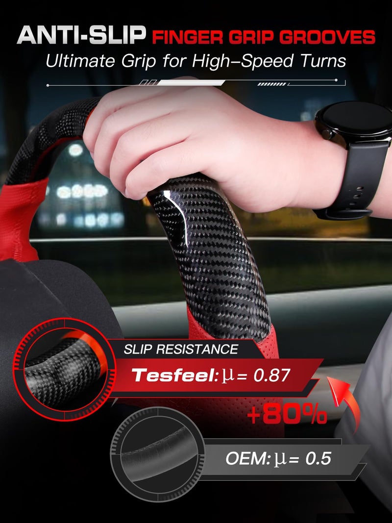 Tesfeel Carbon Fiber Steering Wheel for Dodge Challenger for Charger 2015-2024, Red Perforated Leather & Stitching Steering Wheel with Flat-Bottom D-Shaped Design Fits for SXT/GT/RT/SRT/for Hellcat - Image 5