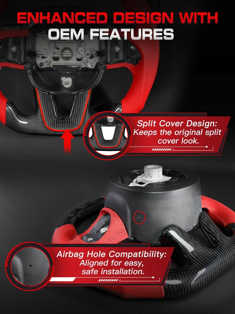 Tesfeel Carbon Fiber Steering Wheel for Dodge Challenger for Charger 2015-2024, Red Perforated Leather & Stitching Steering Wheel with Flat-Bottom D-Shaped Design Fits for SXT/GT/RT/SRT/for Hellcat - Image 2