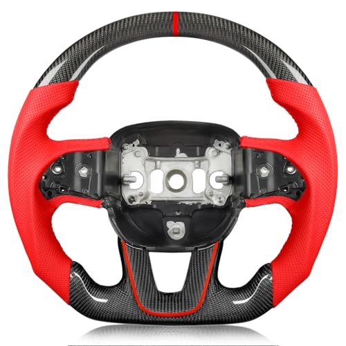 Tesfeel Carbon Fiber Steering Wheel for Dodge Challenger for Charger 2015-2024, Red Perforated Leather & Stitching Steering Wheel with Flat-Bottom D-Shaped Design Fits for SXT/GT/RT/SRT/for Hellcat - Image 1