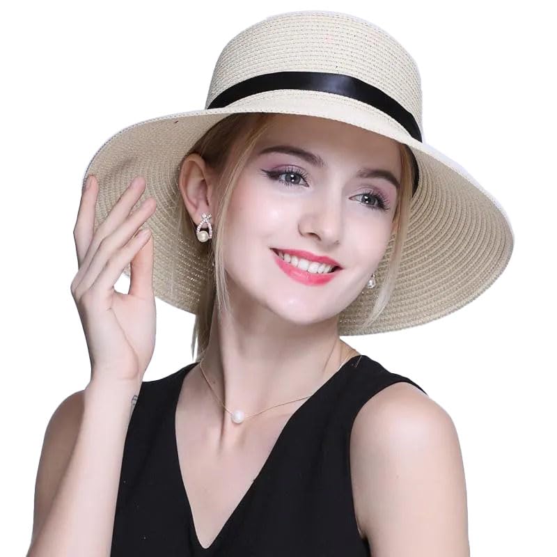 ICW Women Adjustable Brim Ribbon Summer Beach Straw Sun Hat Caps for Girls UV Protection SPF 50+ (Off-White) - Image 1