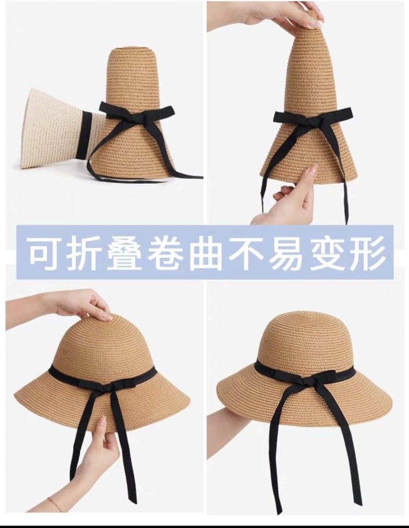 ICW Women Adjustable Brim Ribbon Summer Beach Straw Sun Hat Caps for Girls UV Protection SPF 50+ (Off-White) - Image 4