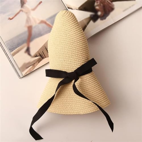 ICW Women Adjustable Brim Ribbon Summer Beach Straw Sun Hat Caps for Girls UV Protection SPF 50+ (Off-White) - Image 5