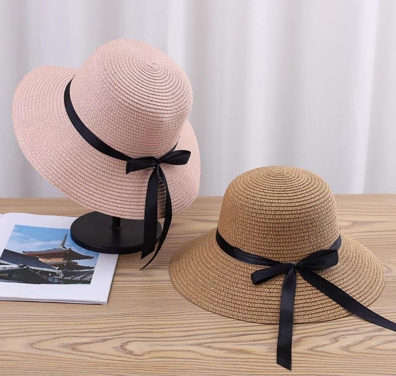 ICW Women Adjustable Brim Ribbon Summer Beach Straw Sun Hat Caps for Girls UV Protection SPF 50+ (Off-White) - Image 3