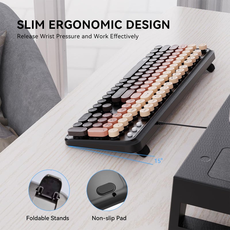 FOPETT 8870P Wired Keyboard and Mouse Combo - Full-Sized Computer Keyboards with 104 Round Keys Retro Typewriter Mouse and Keyboard for PC Windows Desktop Laptop - Black-Berry Colorful - Image 2