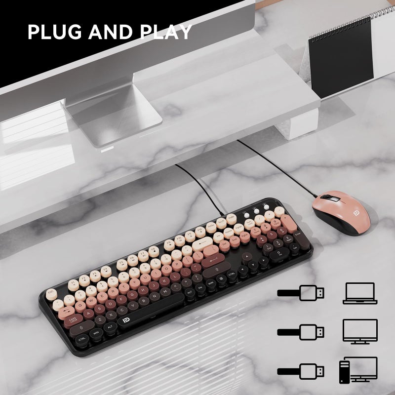 FOPETT 8870P Wired Keyboard and Mouse Combo - Full-Sized Computer Keyboards with 104 Round Keys Retro Typewriter Mouse and Keyboard for PC Windows Desktop Laptop - Black-Berry Colorful - Image 5