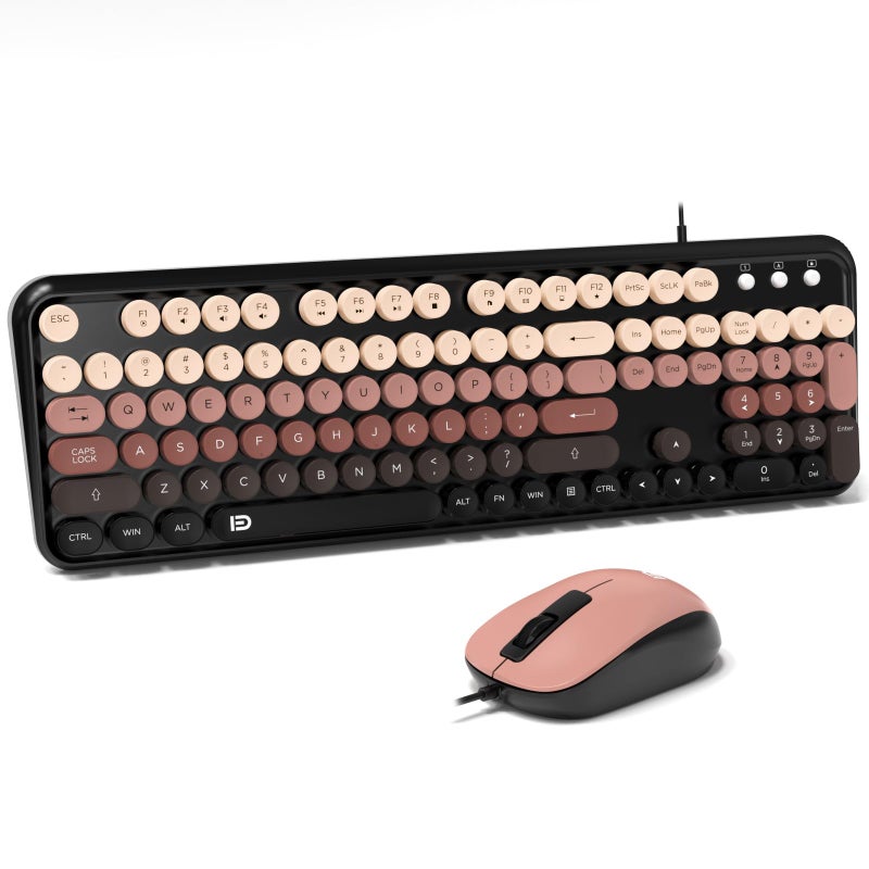 FOPETT 8870P Wired Keyboard and Mouse Combo - Full-Sized Computer Keyboards with 104 Round Keys Retro Typewriter Mouse and Keyboard for PC Windows Desktop Laptop - Black-Berry Colorful - Image 1