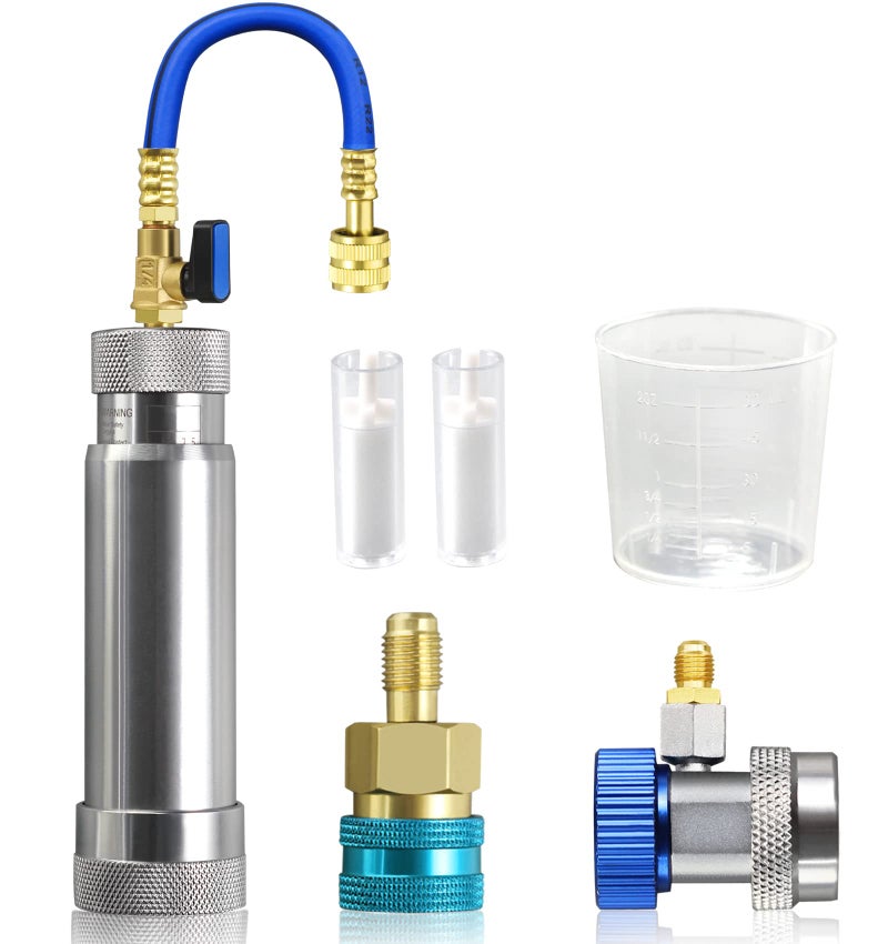AutoWanderer Tool AC Oil Dye Injector Kit for R1234YF R134A System with 2 Quick Couplers 2 Oil Checkers 2oz Measuring Cup