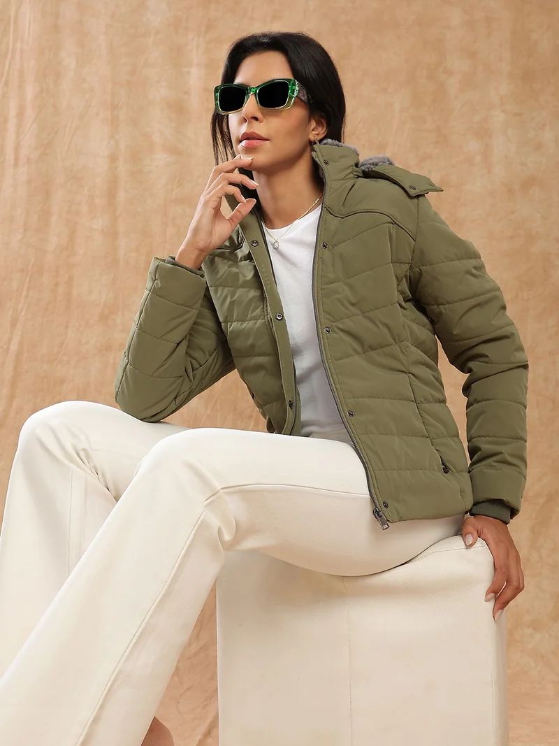 Globus Women Olive Mock Neck Winter Wear Insulator Puffer Jacket With Soft Functional Hood