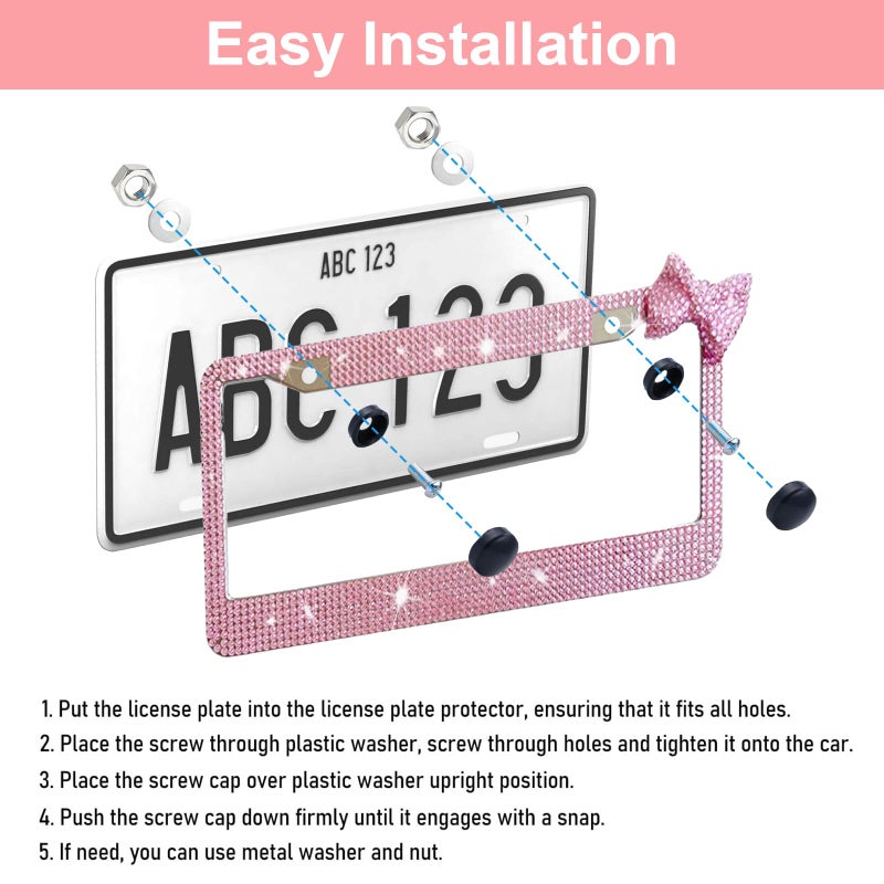 Wanheart Bling Rhinestone License Plate Frame Sparkly Car Tag Cover with Bow Stainless Steel Decorative Auto Accessory Gift for Women Girls (Pink Frame + Pink Bow) - Image 3