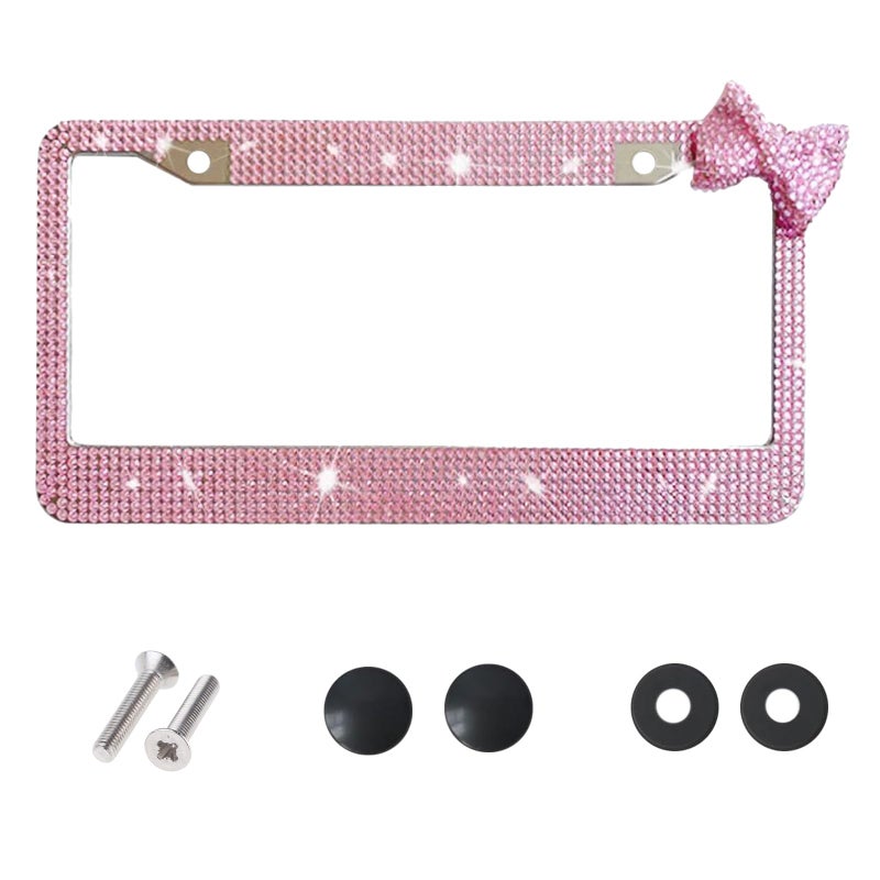 Wanheart Bling Rhinestone License Plate Frame Sparkly Car Tag Cover with Bow Stainless Steel Decorative Auto Accessory Gift for Women Girls (Pink Frame + Pink Bow) - Image 1