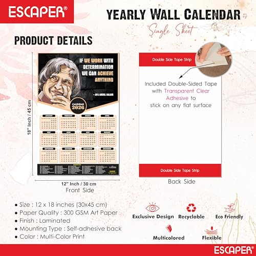 ESCAPER Dr. APJ Abdul Kalam Motivational Wall Calendar 2026 & Inspirational Quotes (12 x 18), Famous Quotes Wall Calendar 2026, Ideal for Room Decoration, Wall Art - Image 4