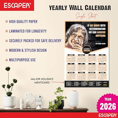 ESCAPER Dr. APJ Abdul Kalam Motivational Wall Calendar 2026 & Inspirational Quotes (12 x 18), Famous Quotes Wall Calendar 2026, Ideal for Room Decoration, Wall Art - Image 2