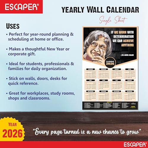 ESCAPER Dr. APJ Abdul Kalam Motivational Wall Calendar 2026 & Inspirational Quotes (12 x 18), Famous Quotes Wall Calendar 2026, Ideal for Room Decoration, Wall Art - Image 3
