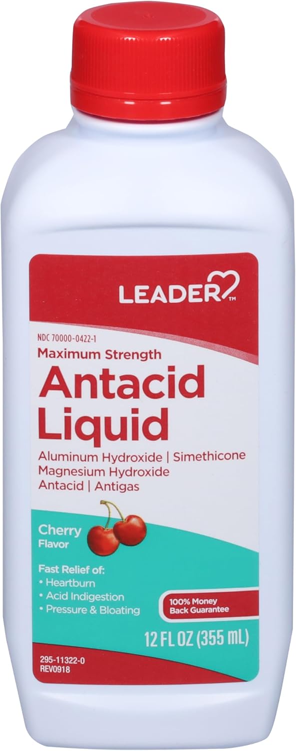 Leader LEADER Maximum Strength Antacid Liquid with Aluminum Hydroxide, Simethicone, Antacid/Antigas for Heartburn, Acid Indigestion, Pressure & Bloating, Cherry Flavor 12 FL oz 
