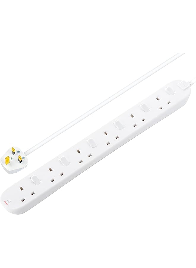 promass Six Socket Extension with Individual Switches, 2 Metres, White - Image 1